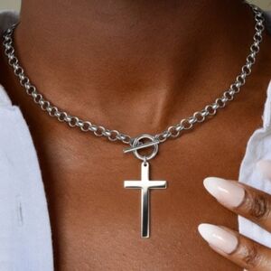 New Stainless Steel Cross Necklace 16in Silver